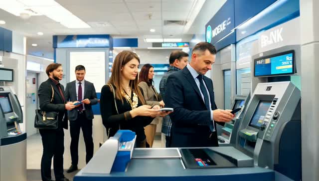 Clients MONEXIA BANK utilisant un guichet automatique et les services bancaires mobiles